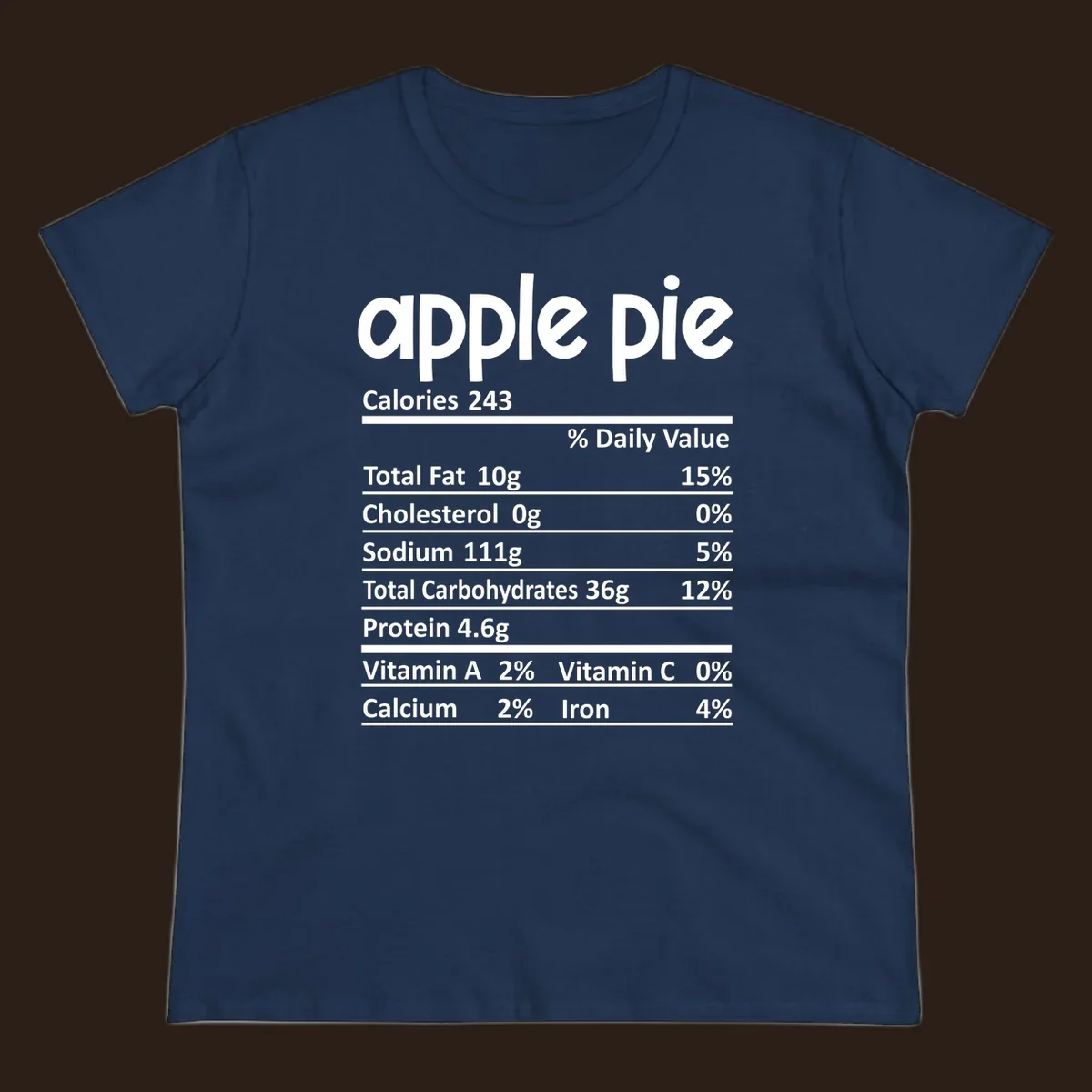 Apple pie nutrition facts label with calories, fat, carbs, protein, vitamins, and minerals.