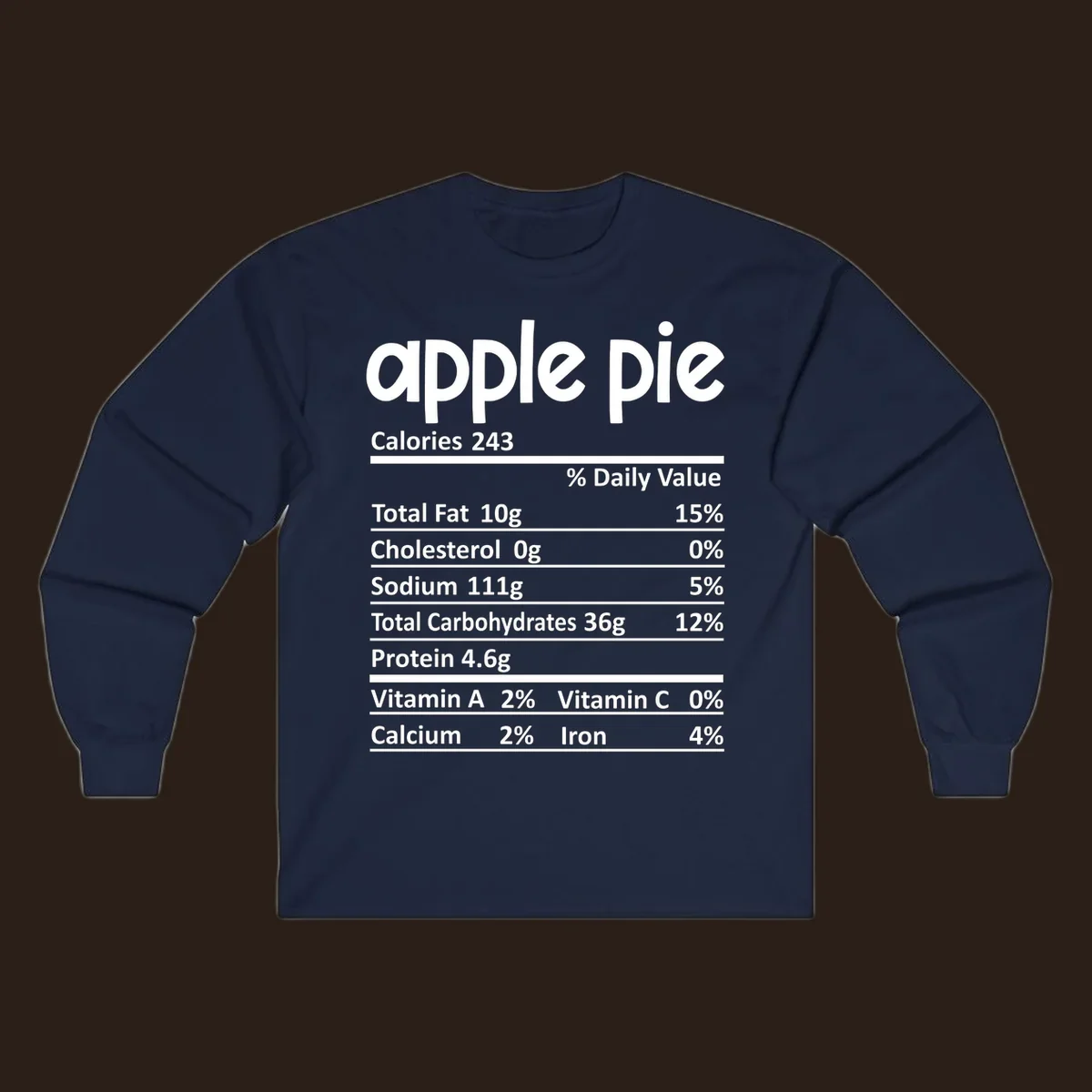 Apple pie nutrition facts label with calories, fat, carbs, protein, vitamins, and minerals.