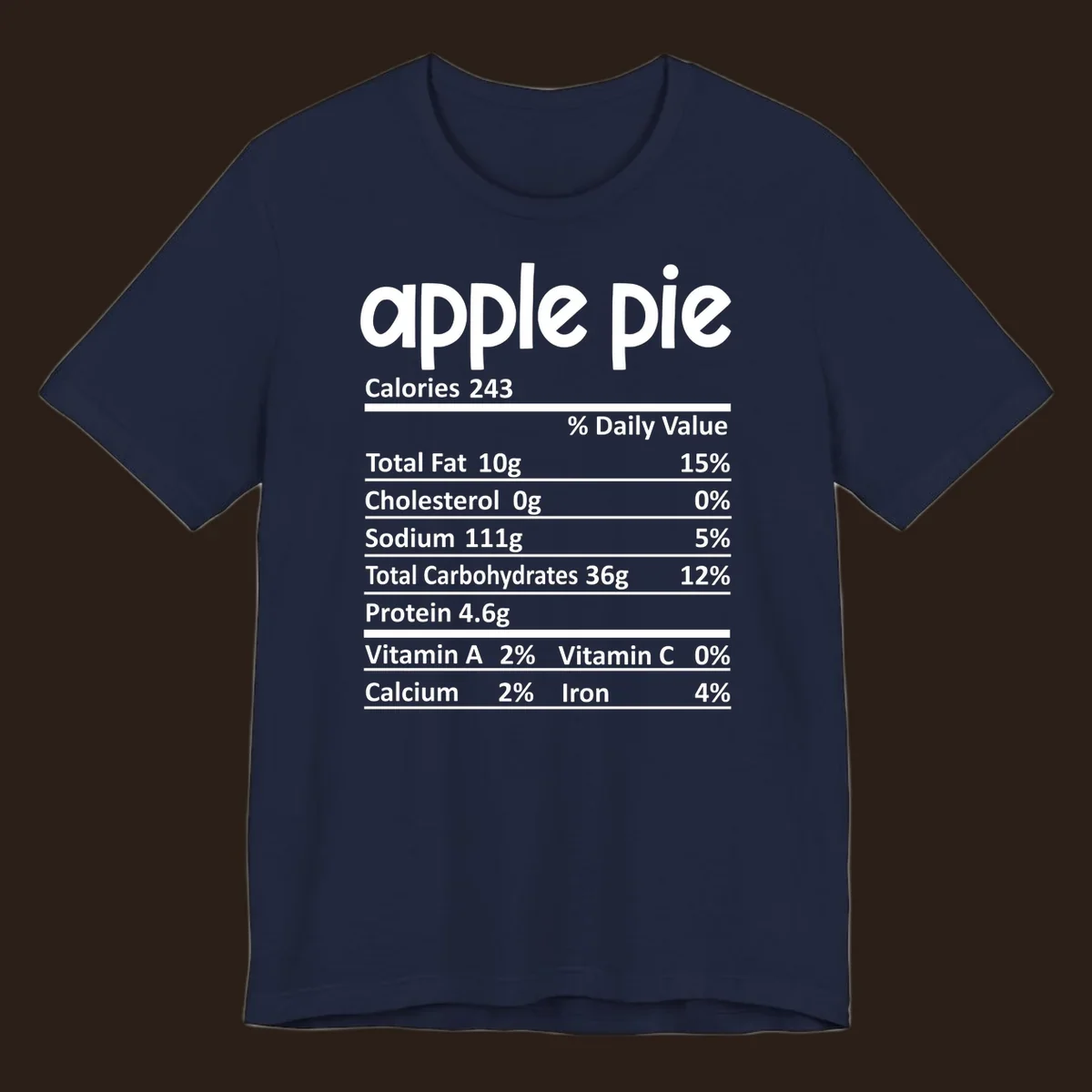 Apple pie nutrition facts label with calories, fat, carbs, protein, vitamins, and minerals.
