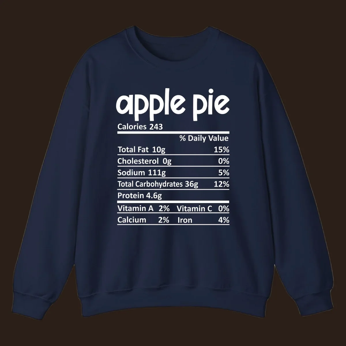 Apple pie nutrition facts label with calories, fat, carbs, protein, vitamins, and minerals.
