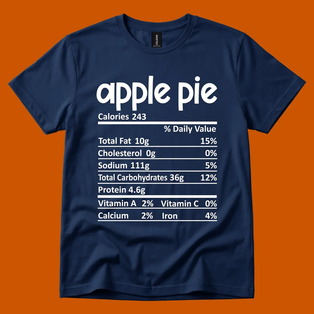 Apple pie nutrition facts label with calories, fat, carbs, protein, vitamins, and minerals.