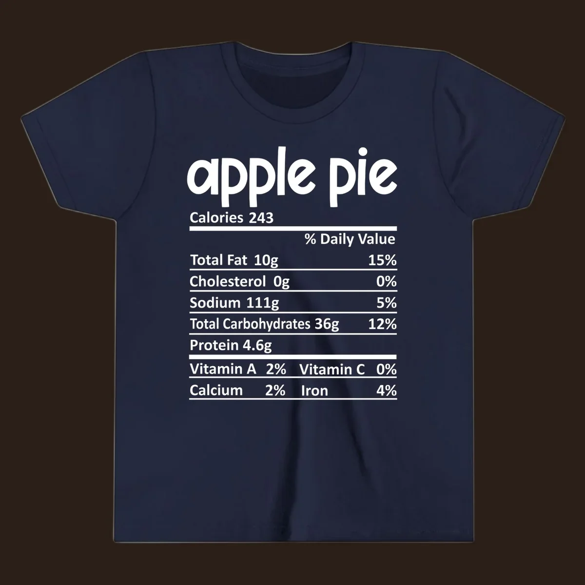 Apple pie nutrition facts label with calories, fat, carbs, protein, vitamins, and minerals.