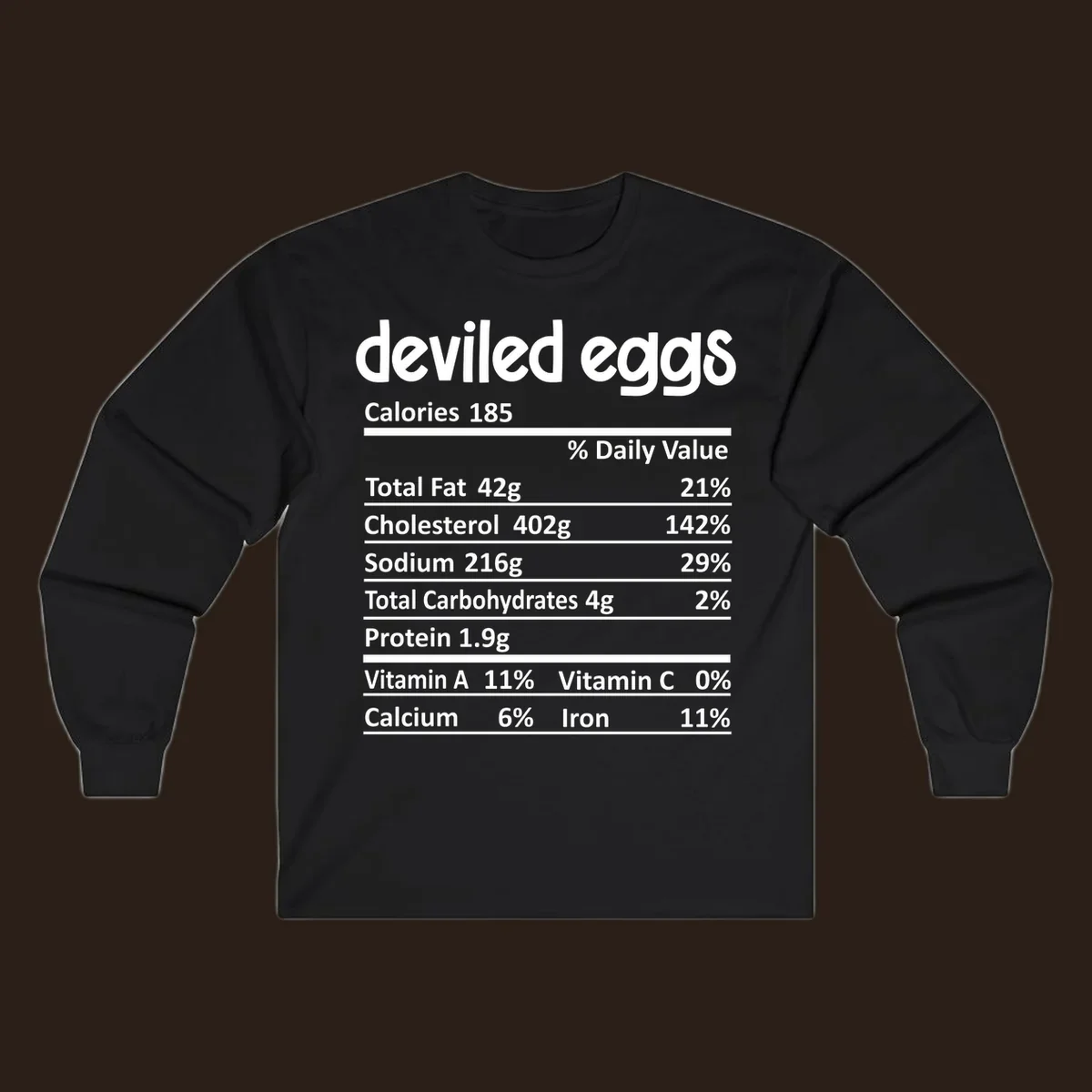 Deviled eggs nutrition label with calories, fat, cholesterol, sodium, carbs, protein, vitamins, calcium, and iron.