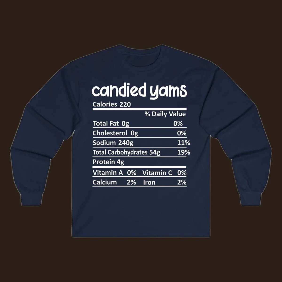Candied yams nutrition facts label typography design. Thanksgiving food.