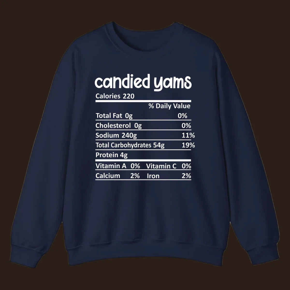 Candied yams nutrition facts label typography design. Thanksgiving food.
