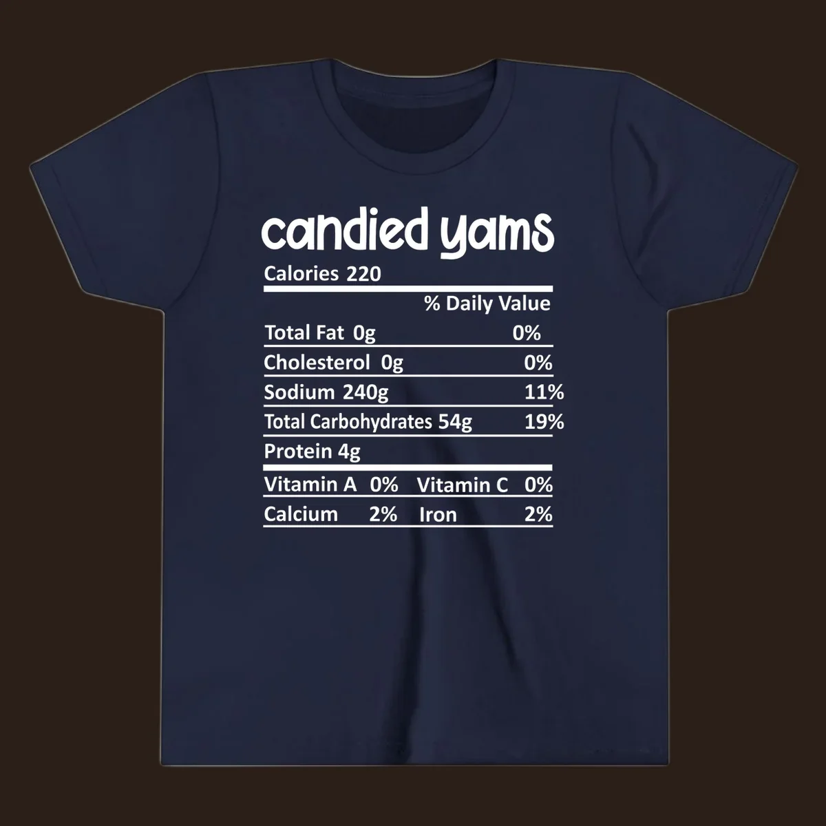 Candied yams nutrition facts label typography design. Thanksgiving food.