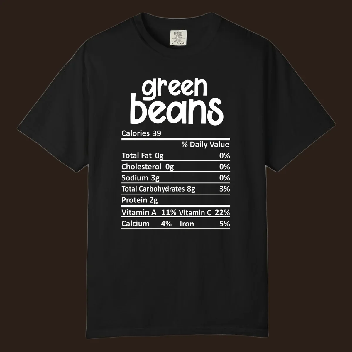 Green beans nutrition label design with white text on a black background.