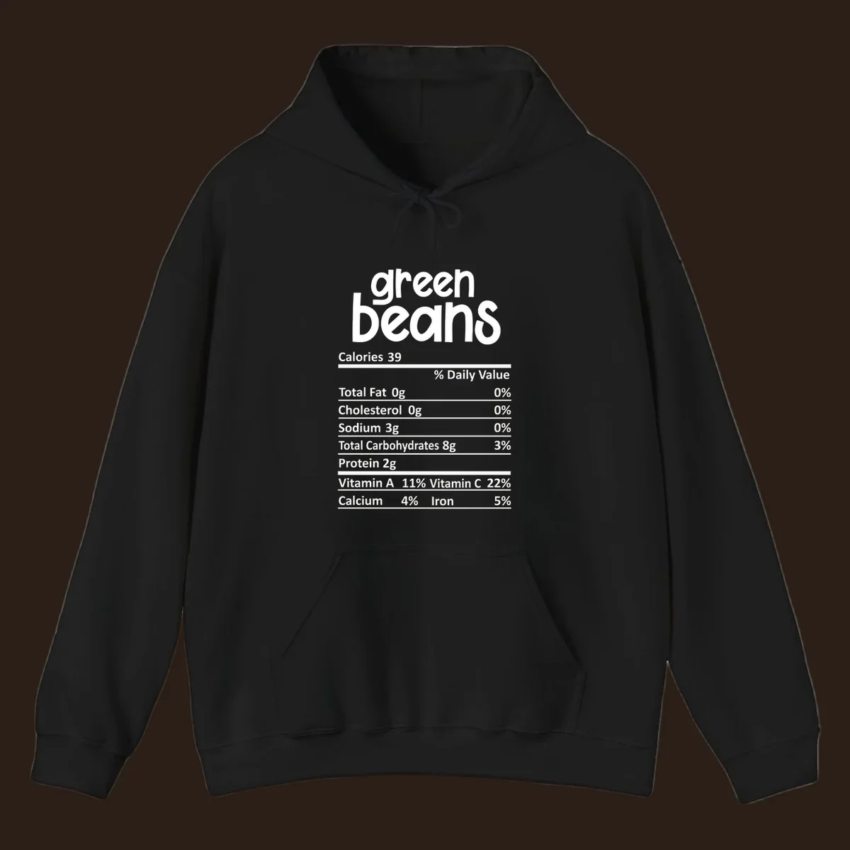 Green beans nutrition label design with white text on a black background.