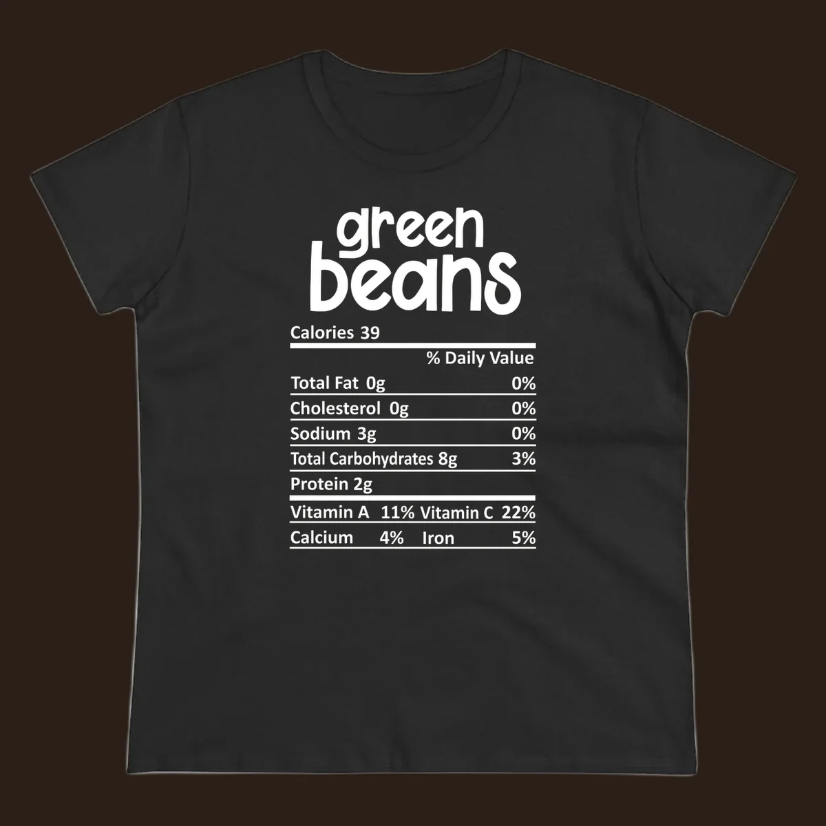 Green beans nutrition label design with white text on a black background.