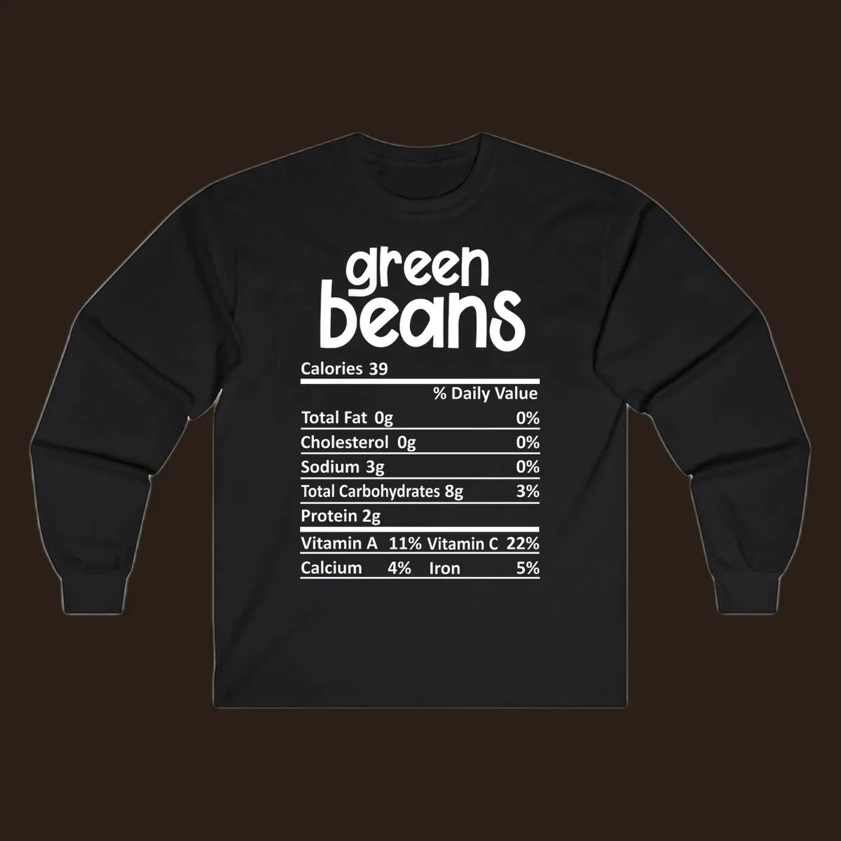 Green beans nutrition label design with white text on a black background.