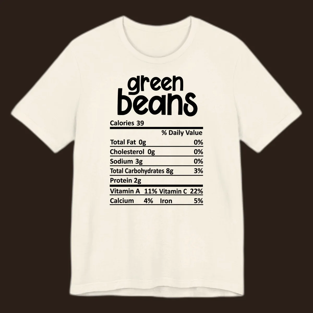 Green beans nutrition label design with white text on a black background.