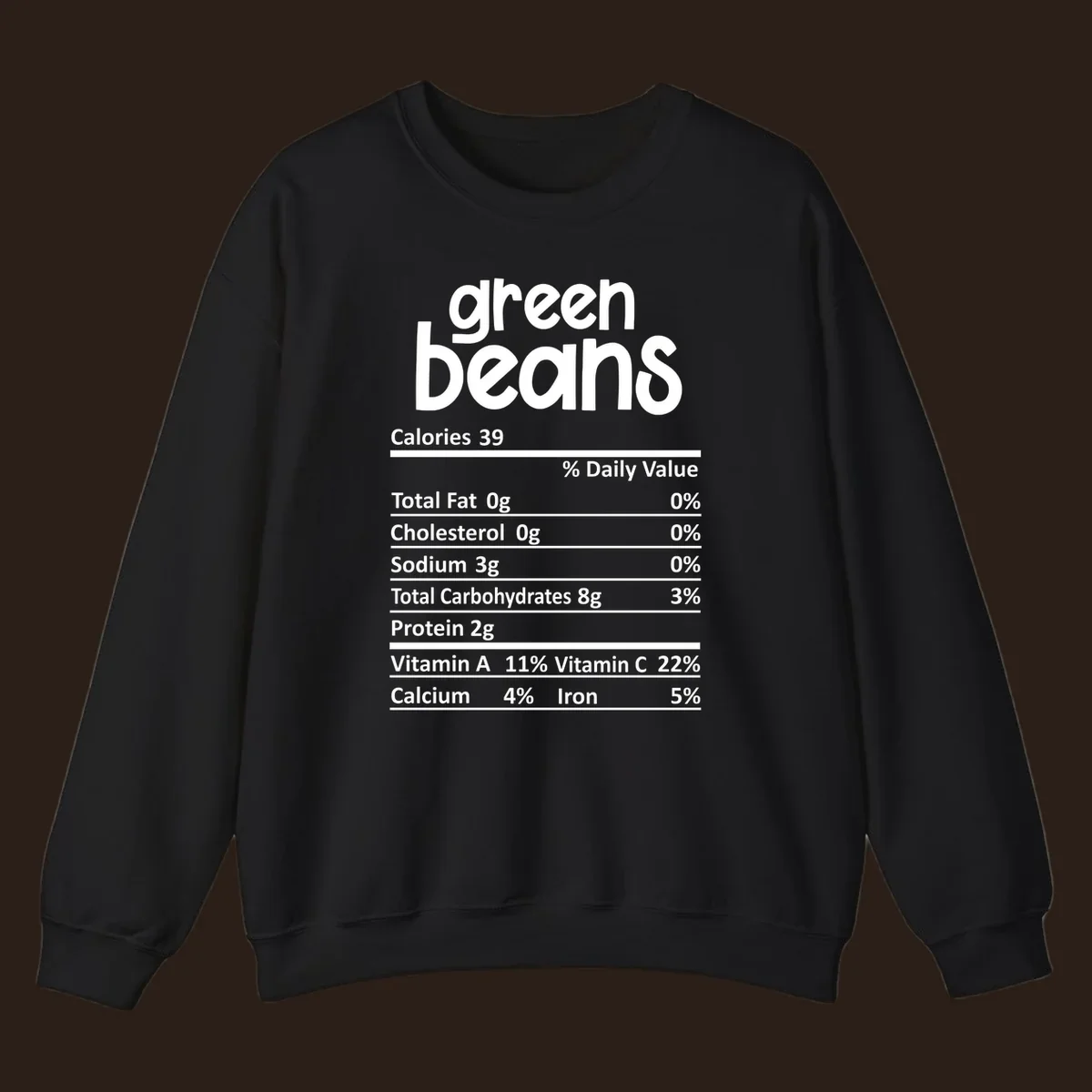 Green beans nutrition label design with white text on a black background.