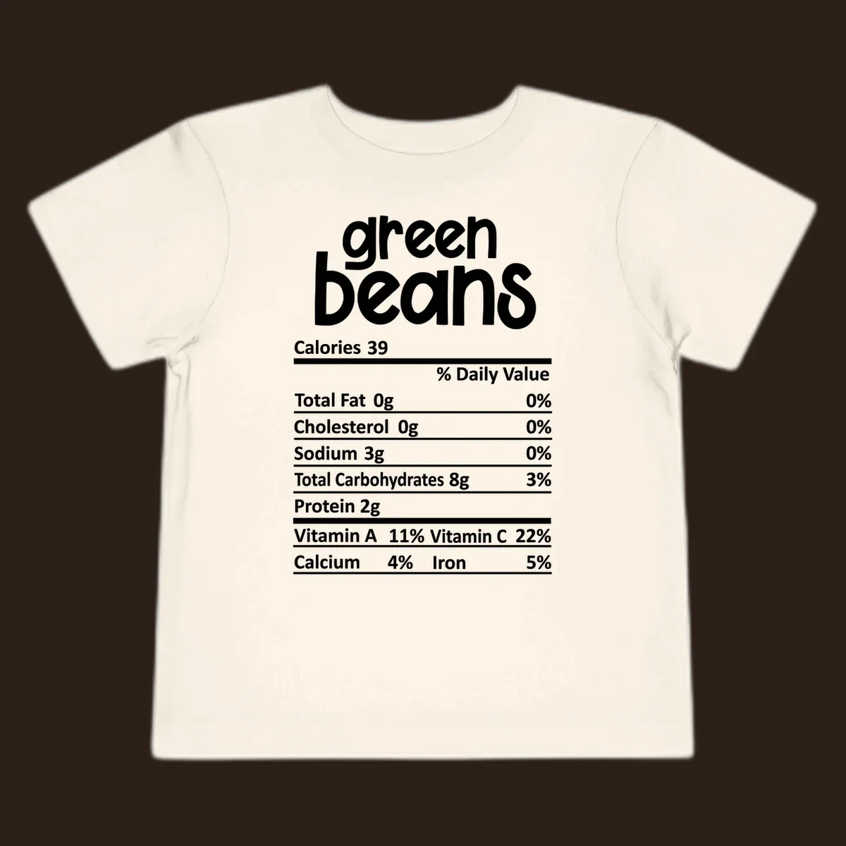 Green beans nutrition label design with white text on a black background.