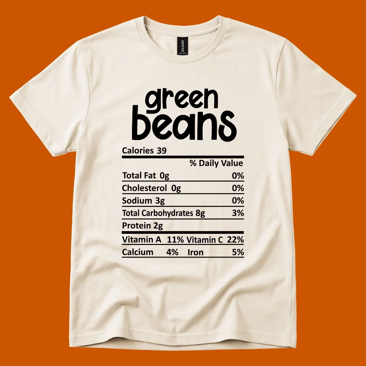 Green beans nutrition label design with white text on a black background.