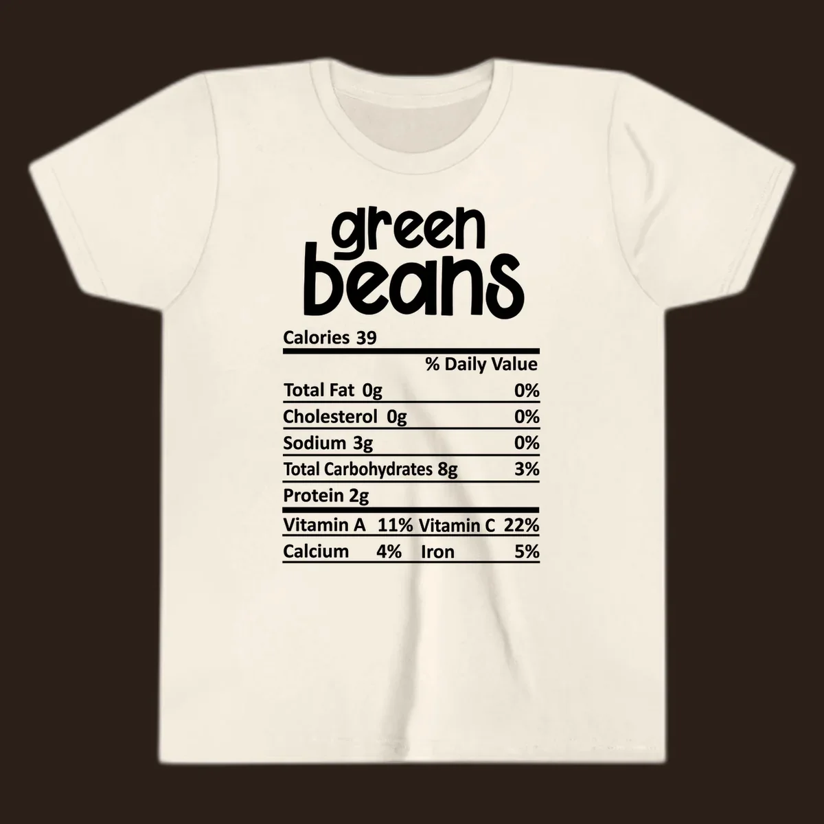 Green beans nutrition label design with white text on a black background.