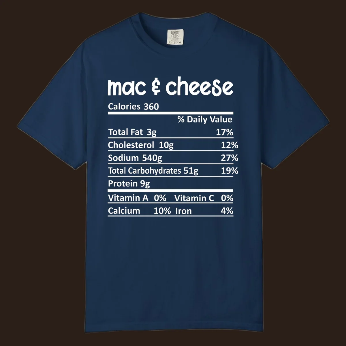 Mac & Cheese Nutrition Facts label design with white text on black.