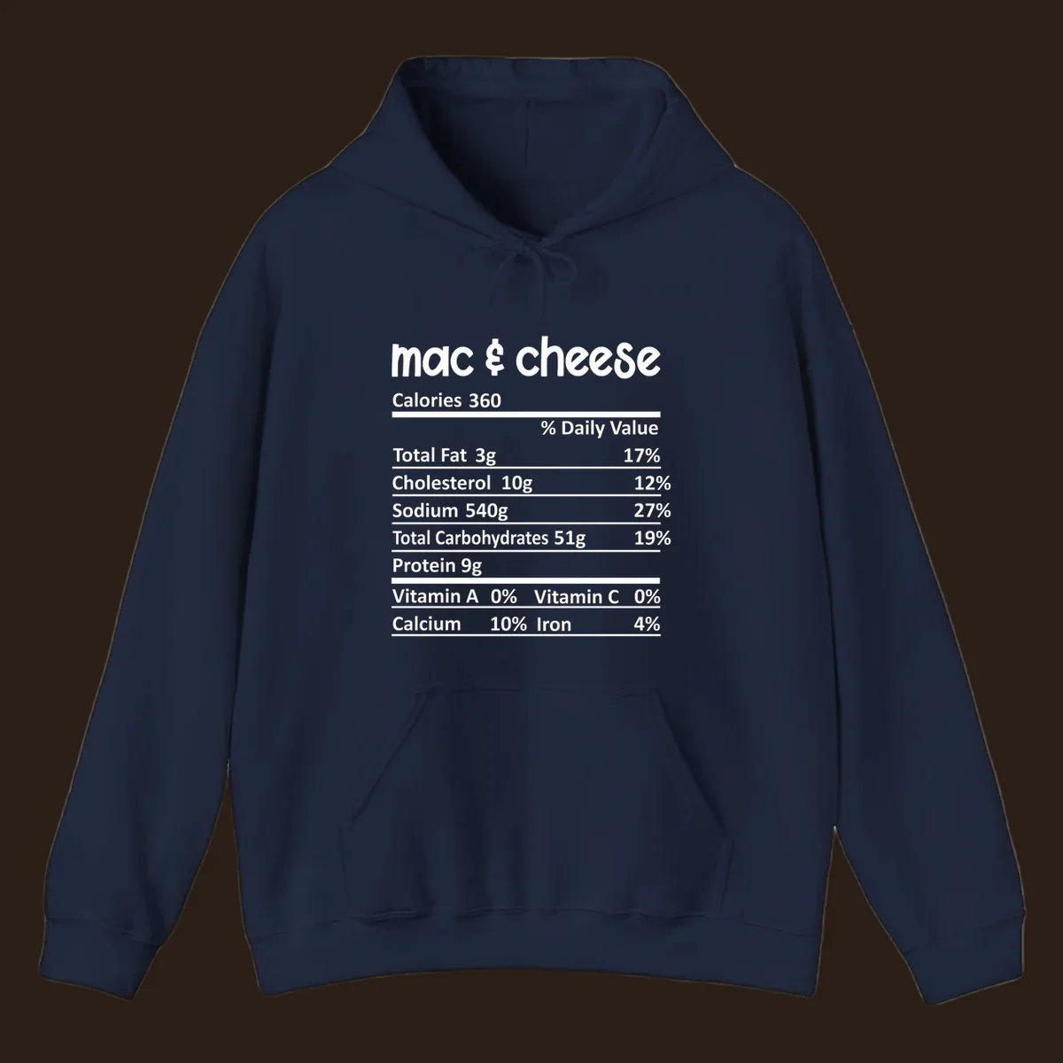 Mac & Cheese Nutrition Facts label design with white text on black.