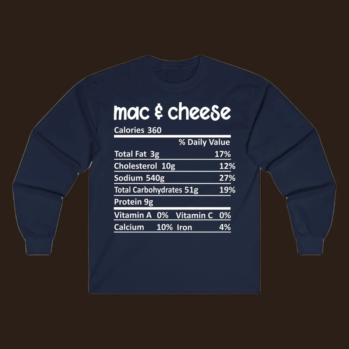 Mac & Cheese Nutrition Facts label design with white text on black.