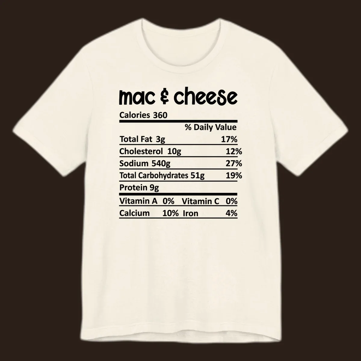 Mac & Cheese Nutrition Facts label design with white text on black.