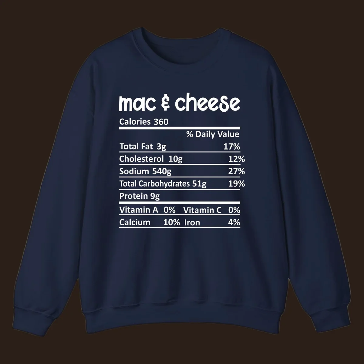 Mac & Cheese Nutrition Facts label design with white text on black.