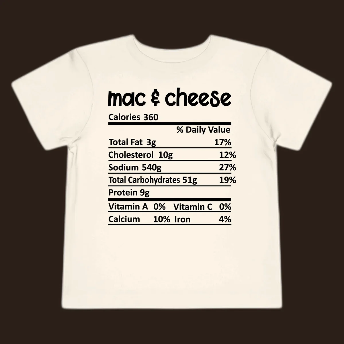 Mac & Cheese Nutrition Facts label design with white text on black.