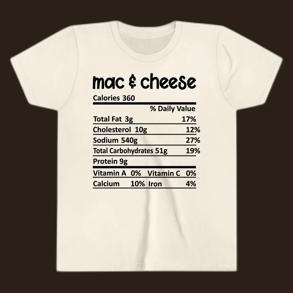 Mac & Cheese Nutrition Facts label design with white text on black.