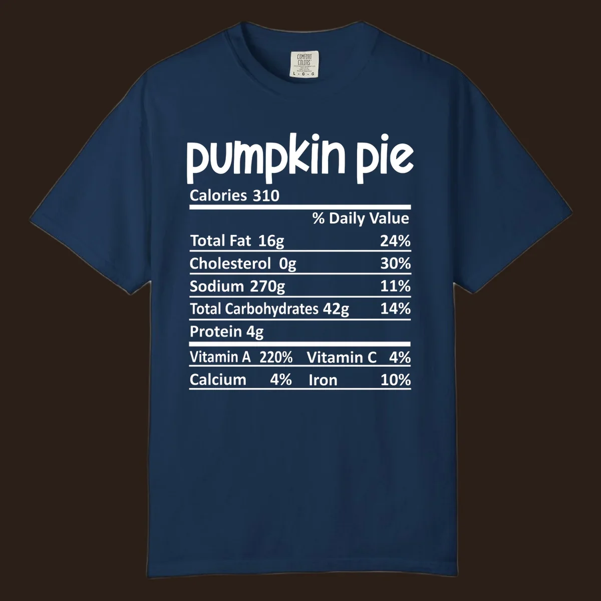 Pumpkin pie nutrition facts label with calories, fat, carbs, and vitamins listed.