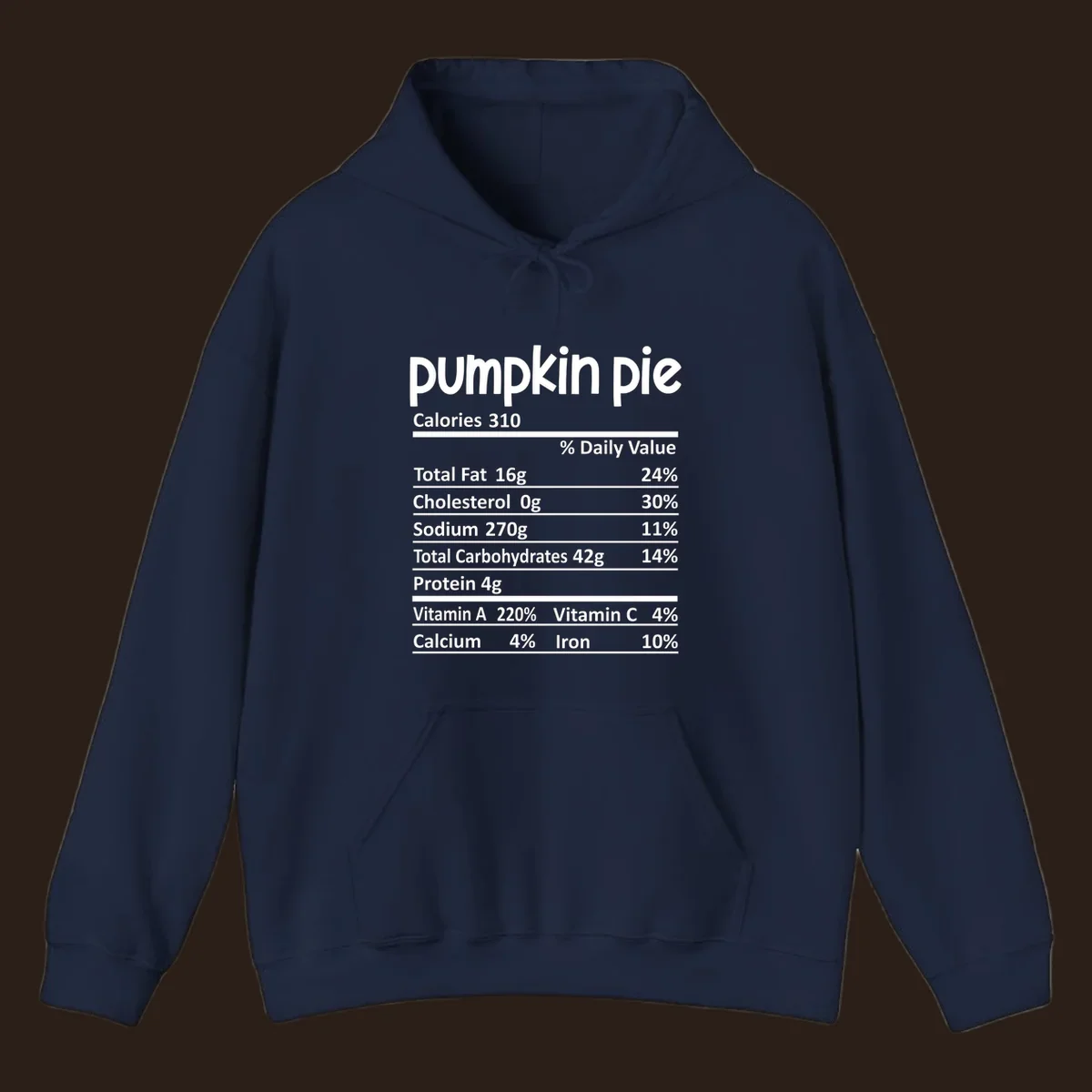 Pumpkin pie nutrition facts label with calories, fat, carbs, and vitamins listed.