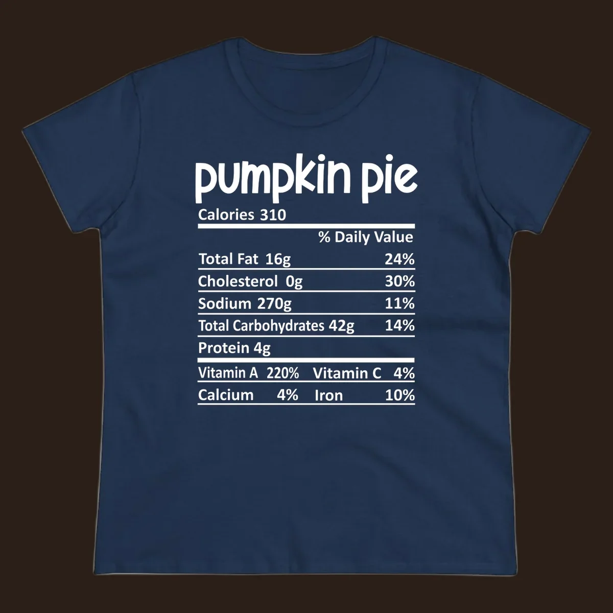 Pumpkin pie nutrition facts label with calories, fat, carbs, and vitamins listed.