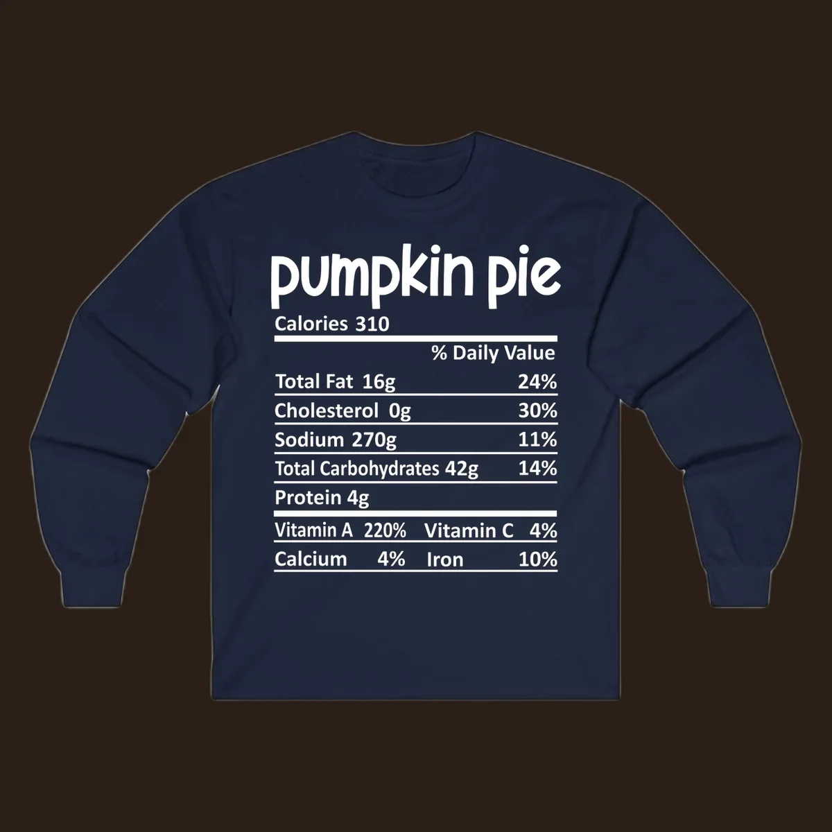 Pumpkin pie nutrition facts label with calories, fat, carbs, and vitamins listed.