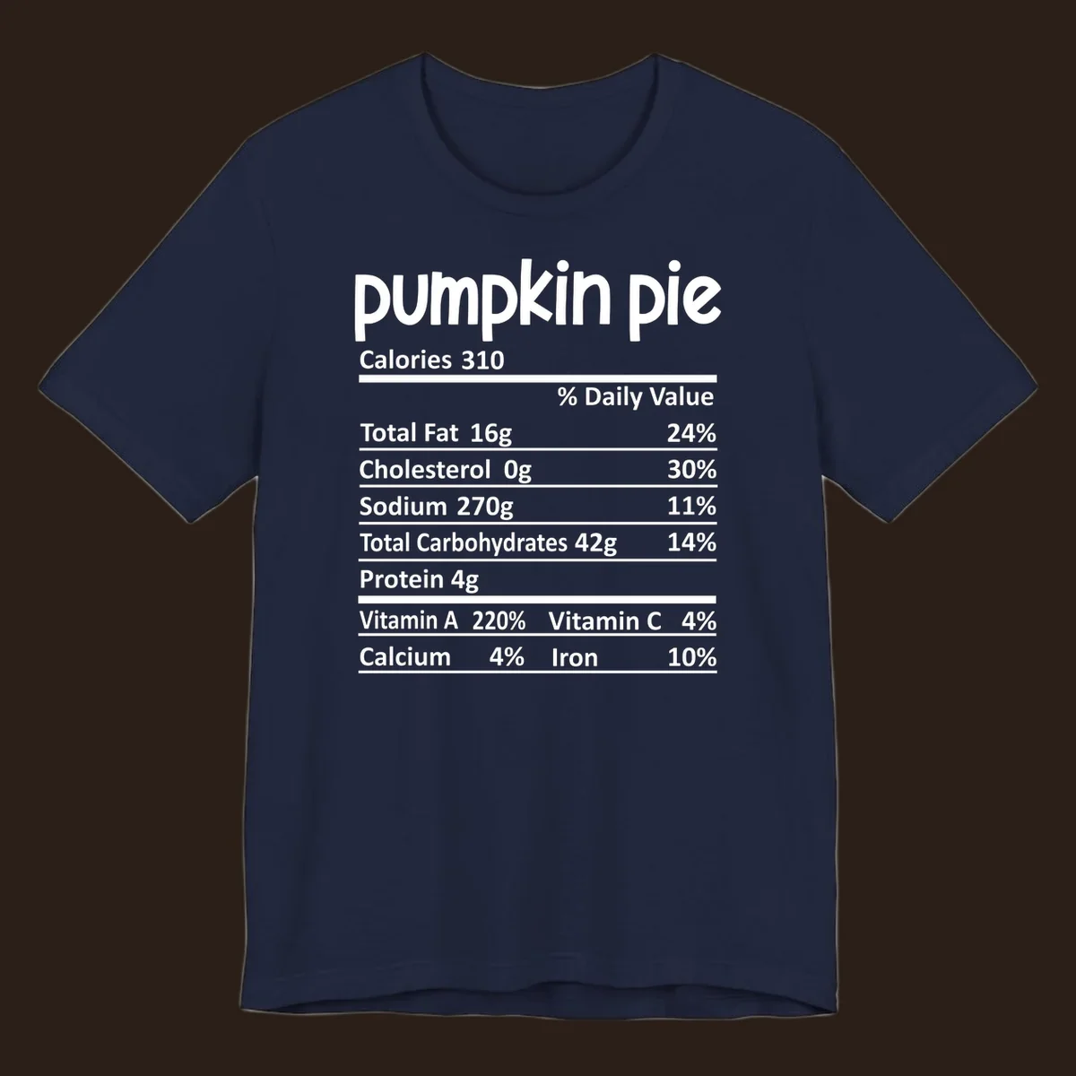Pumpkin pie nutrition facts label with calories, fat, carbs, and vitamins listed.