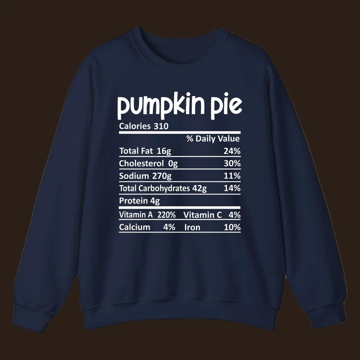 Pumpkin pie nutrition facts label with calories, fat, carbs, and vitamins listed.