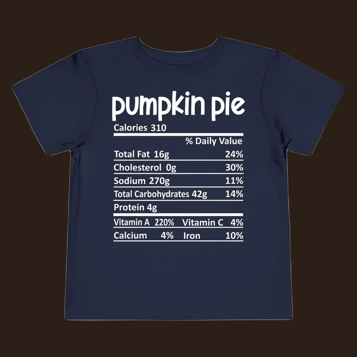 Pumpkin pie nutrition facts label with calories, fat, carbs, and vitamins listed.