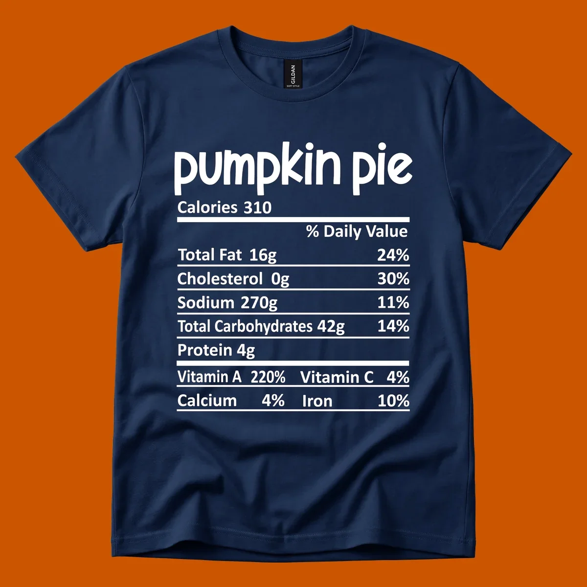 Pumpkin pie nutrition facts label with calories, fat, carbs, and vitamins listed.
