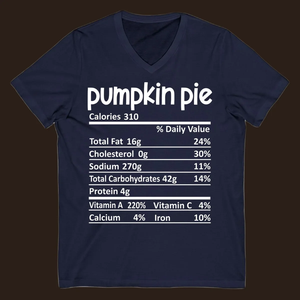 Pumpkin pie nutrition facts label with calories, fat, carbs, and vitamins listed.