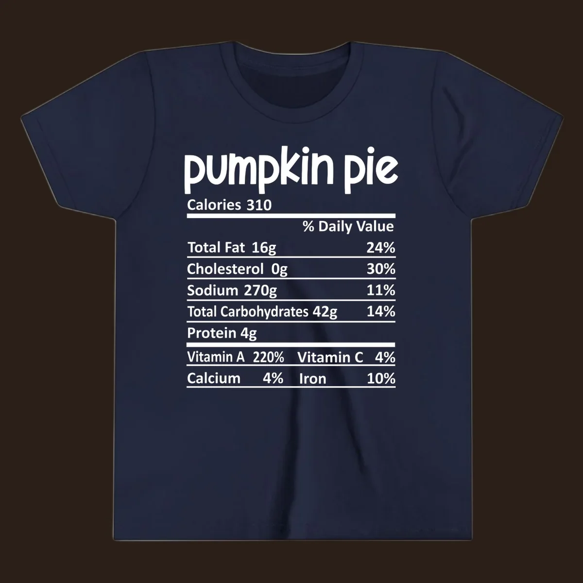 Pumpkin pie nutrition facts label with calories, fat, carbs, and vitamins listed.