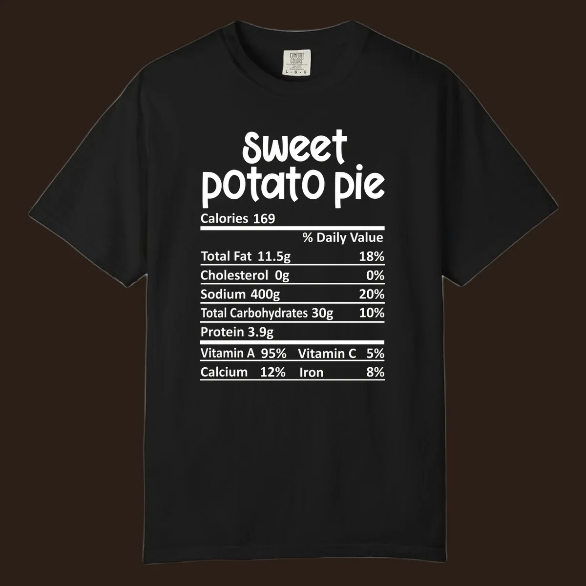 Sweet potato pie nutrition label design with text and nutritional information.