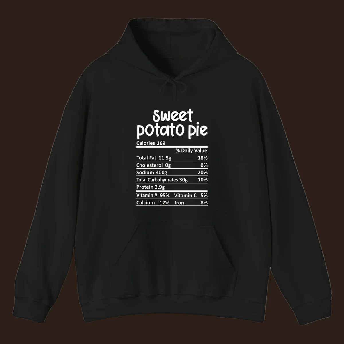 Sweet potato pie nutrition label design with text and nutritional information.