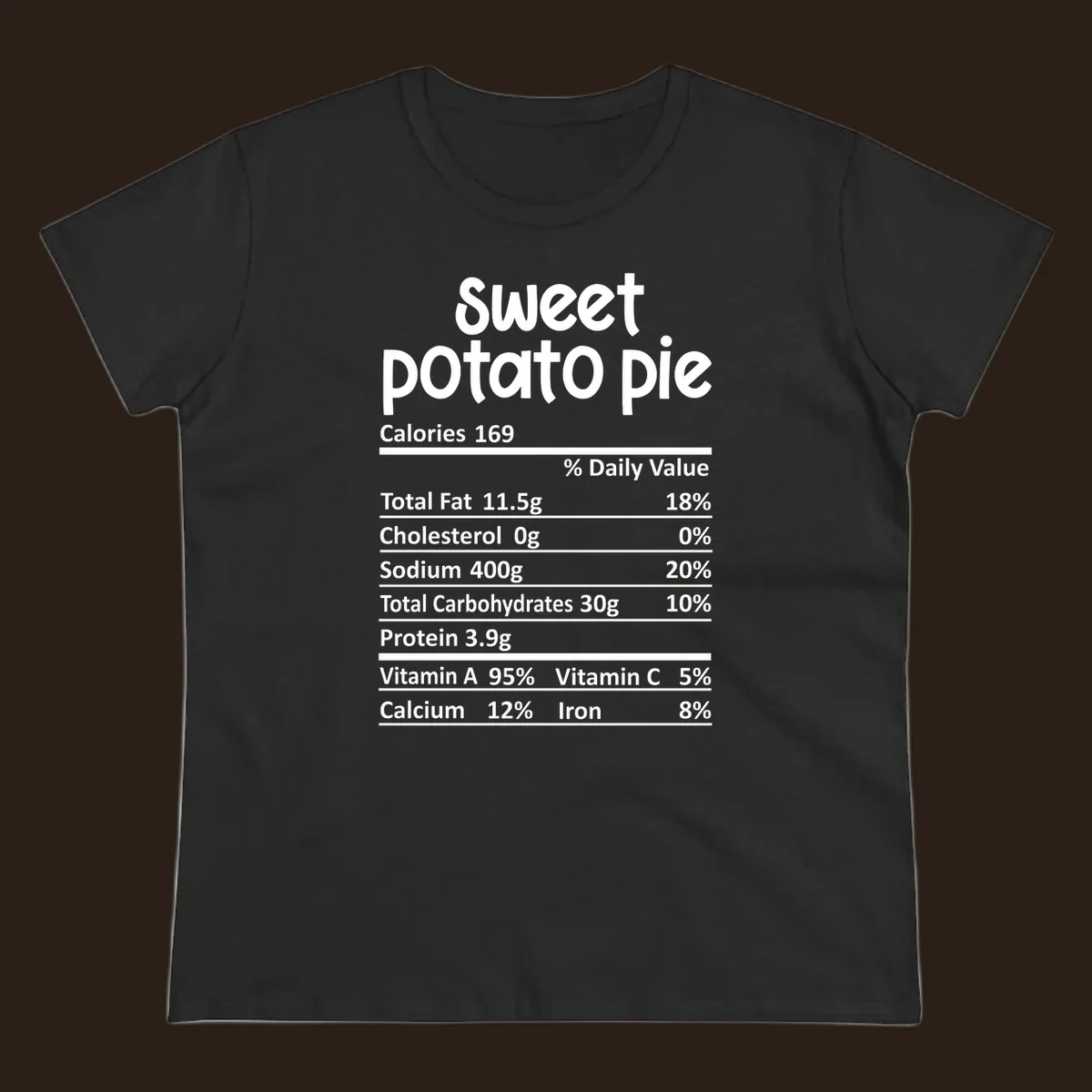 Sweet potato pie nutrition label design with text and nutritional information.