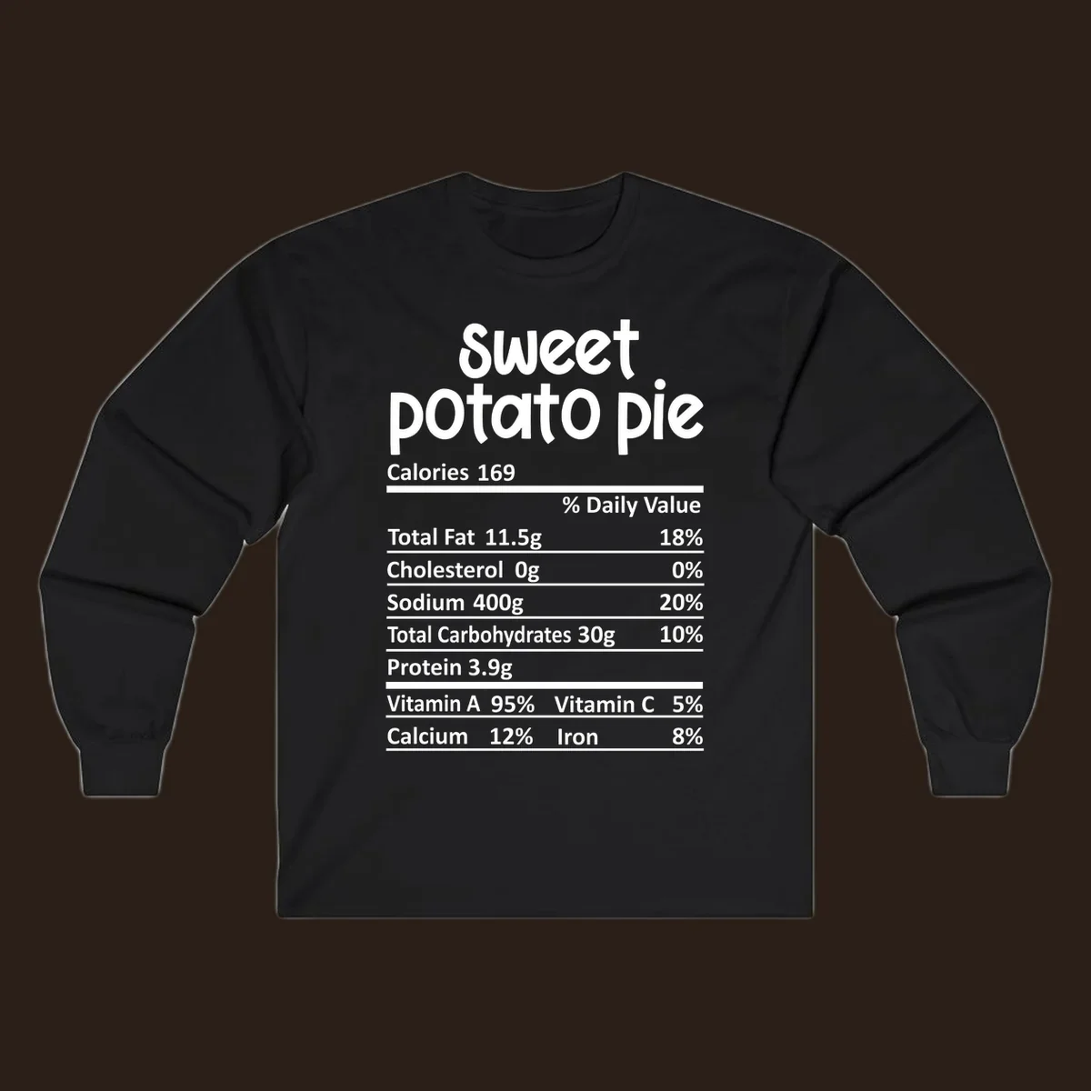 Sweet potato pie nutrition label design with text and nutritional information.