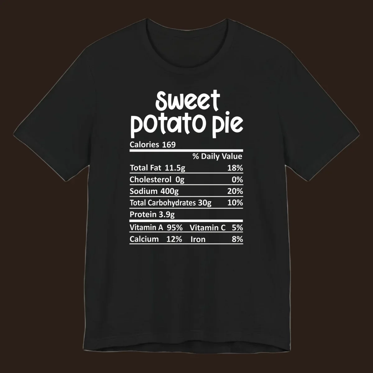 Sweet potato pie nutrition label design with text and nutritional information.