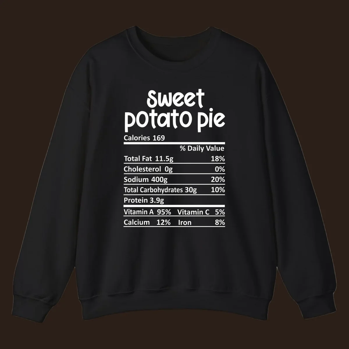 Sweet potato pie nutrition label design with text and nutritional information.