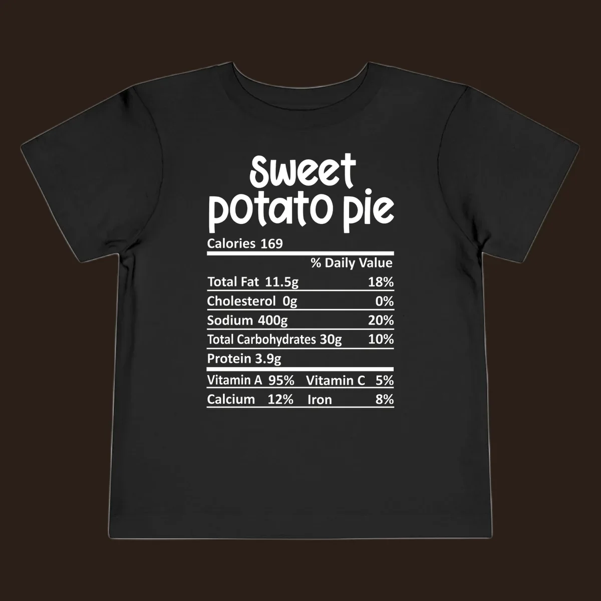 Sweet potato pie nutrition label design with text and nutritional information.