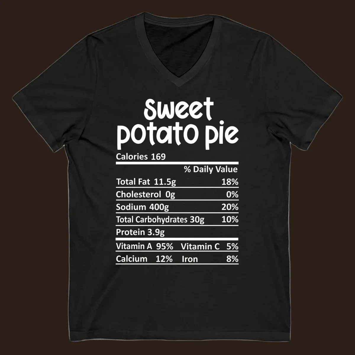 Sweet potato pie nutrition label design with text and nutritional information.