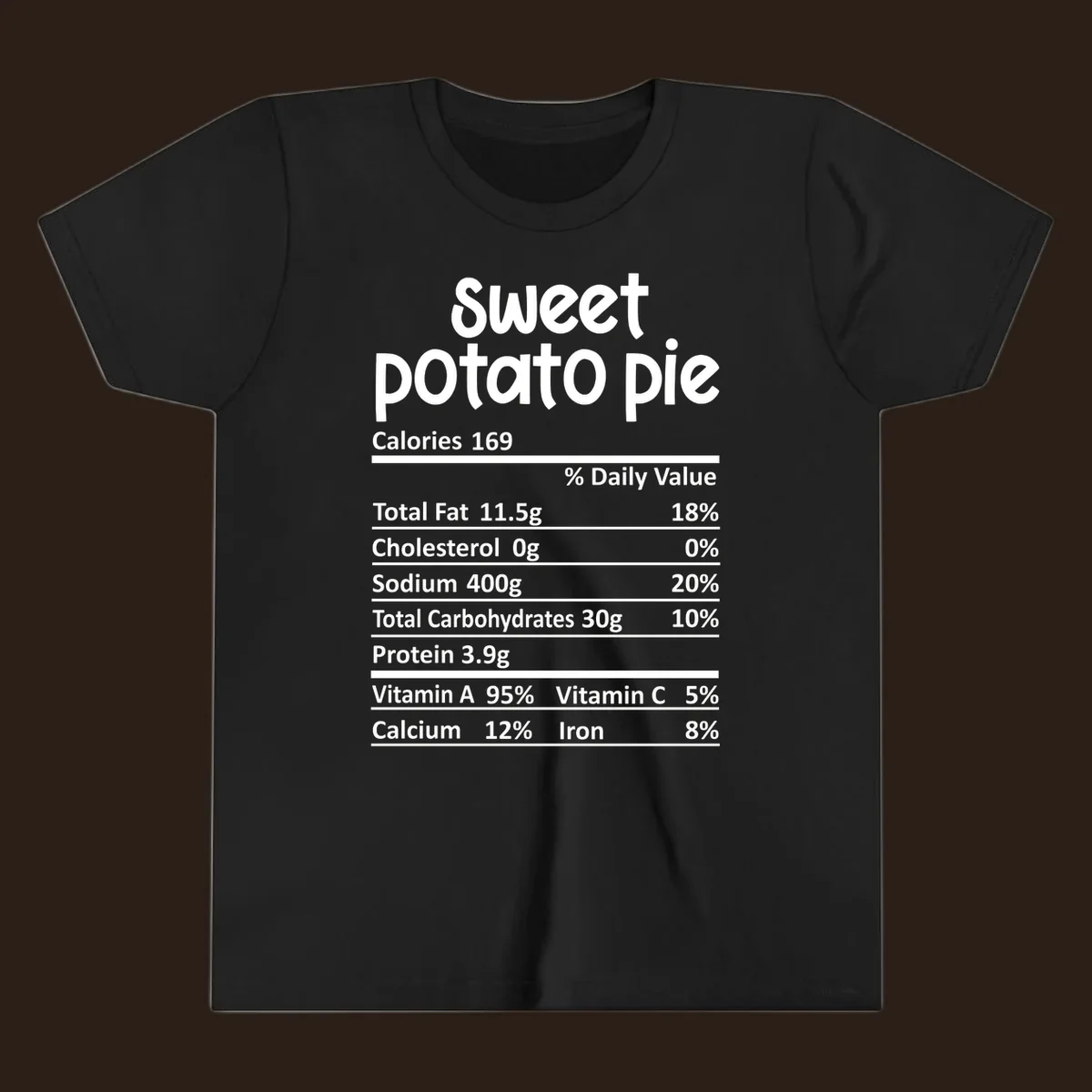 Sweet potato pie nutrition label design with text and nutritional information.