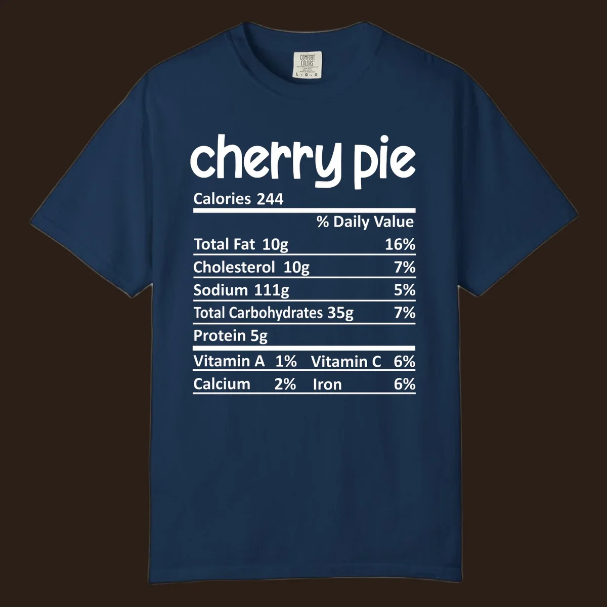 Cherry pie nutrition facts label with calories and ingredient breakdown.