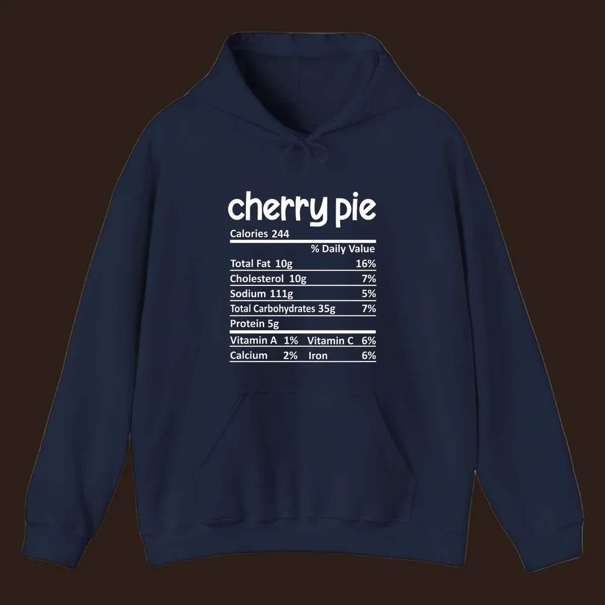 Cherry pie nutrition facts label with calories and ingredient breakdown.