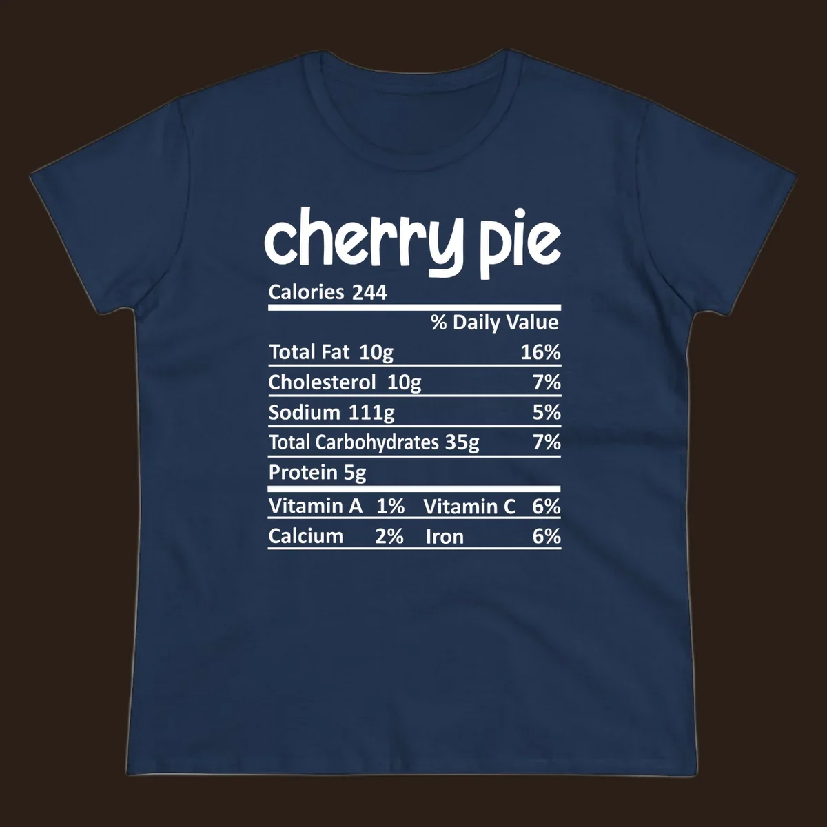Cherry pie nutrition facts label with calories and ingredient breakdown.