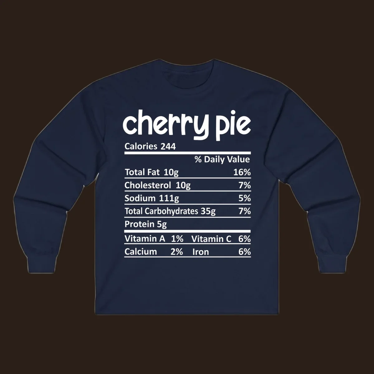 Cherry pie nutrition facts label with calories and ingredient breakdown.