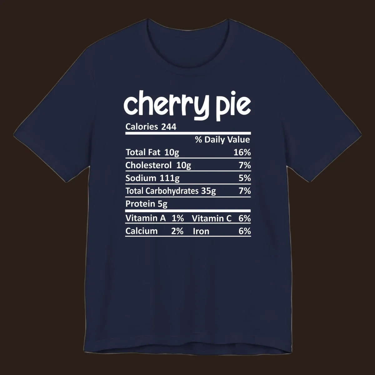 Cherry pie nutrition facts label with calories and ingredient breakdown.
